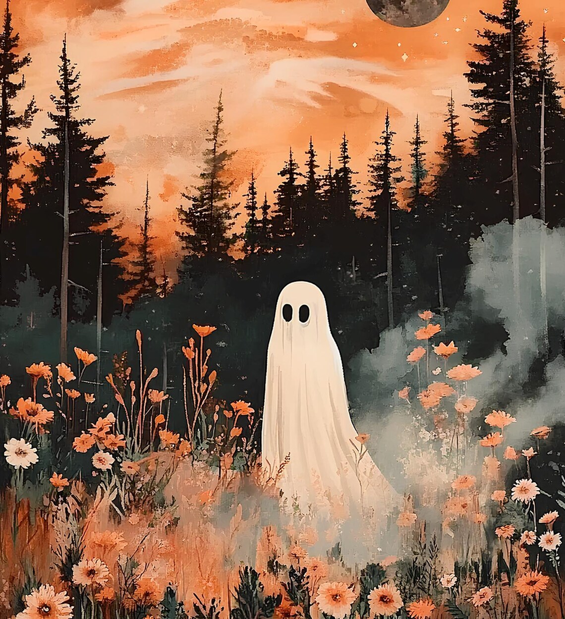 Ghost In Enchanted Wildflower Forest Meadow Moonlit Halloween Art Print - Image 3
