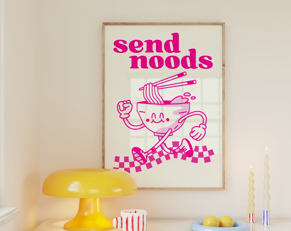Send Noods Pink Noodle Bowl Mascot Trendy Maximalist Kitchen Art Print - Image 2