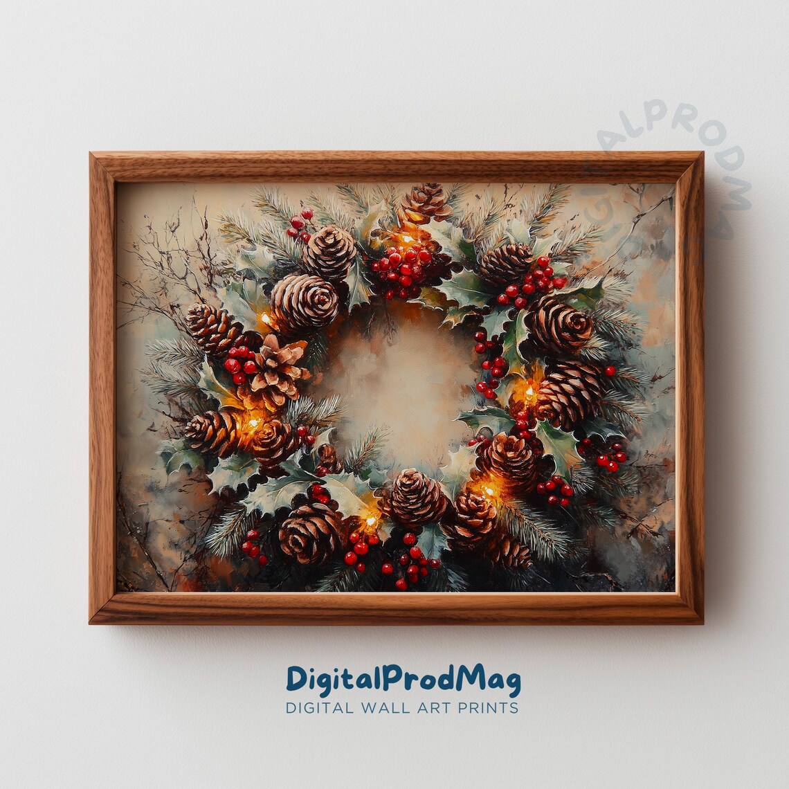 Christmas Pinecone Wreath With Berries And Lights Vintage Wall Art