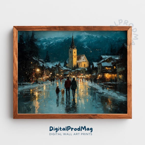 Rustic Winter Evening Village Stroll Moody Family Scene With Snowdusted Rooftops Illuminated Church Spire Cozy Holiday Art 4