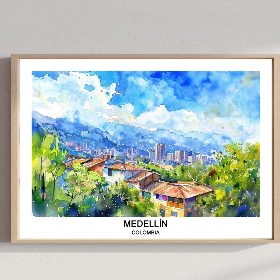 Medellin Colombia Hillside Watercolor Poster Skyline Mountains City View