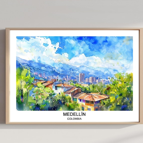 Medellin Colombia Hillside Watercolor Poster Skyline Mountains City View
