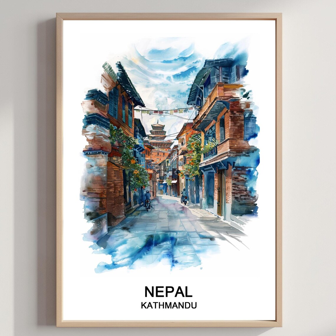 Kathmandu Nepal Street Pagoda Temples Watercolor Travel Art Poster