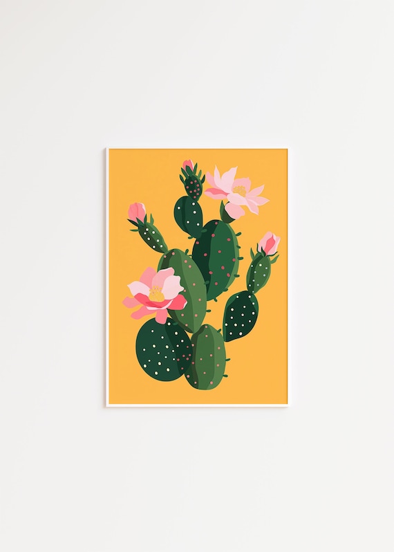 Blooming Prickly Pear Cactus Pink Flowers Mustard Art Poster