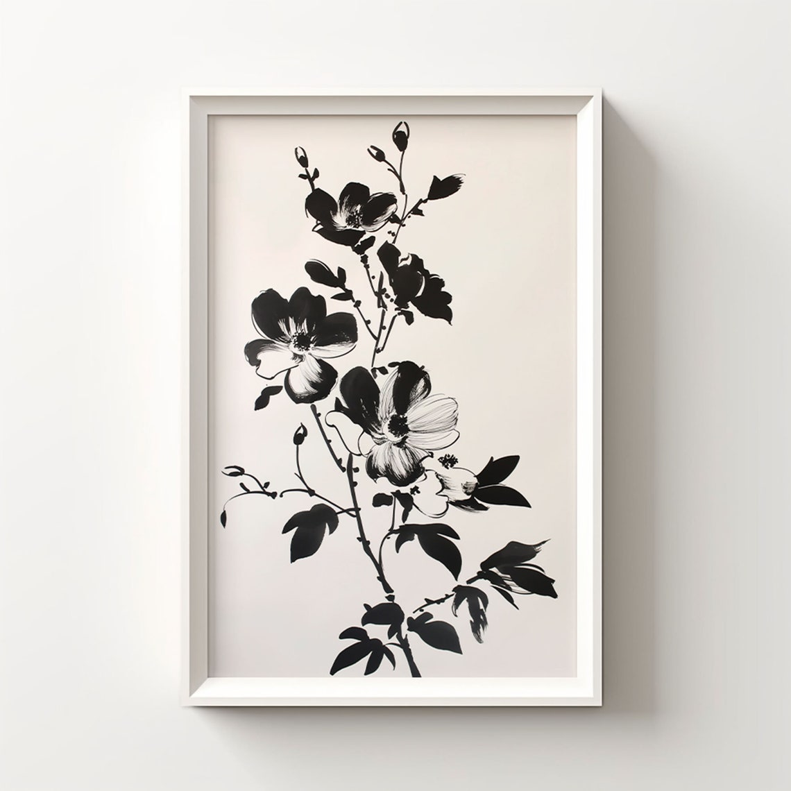 Black Ink Blossom Branch Sketch Minimalist Artistic Floral Wall Art