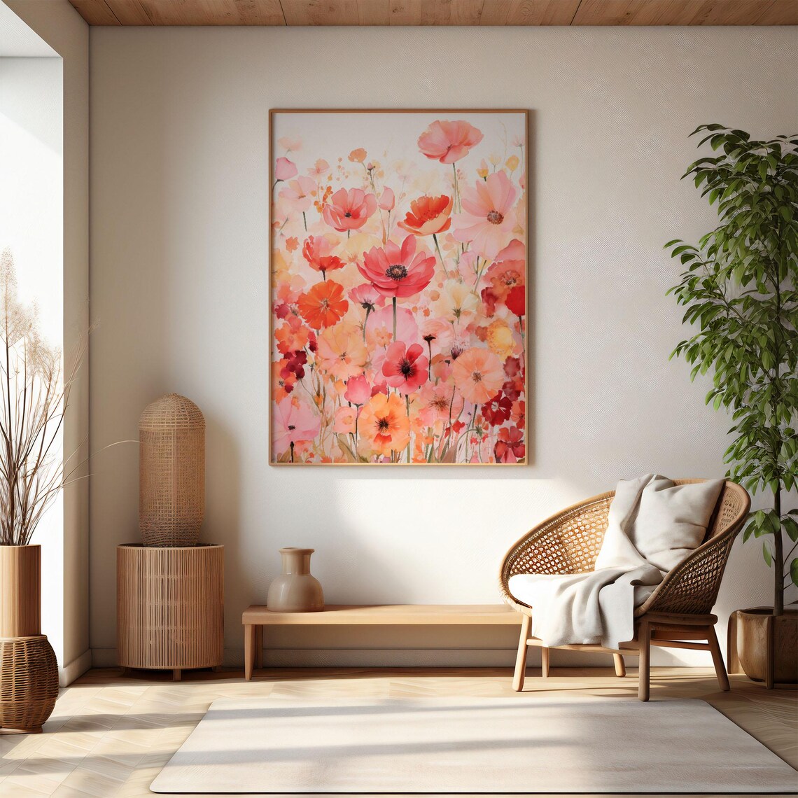 Dreamy Coral Pink Watercolor Poppy Field Floral Bloom Poster