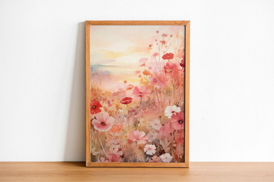 Pink Watercolor Wildflower Meadow Sunset Floral Field Poster