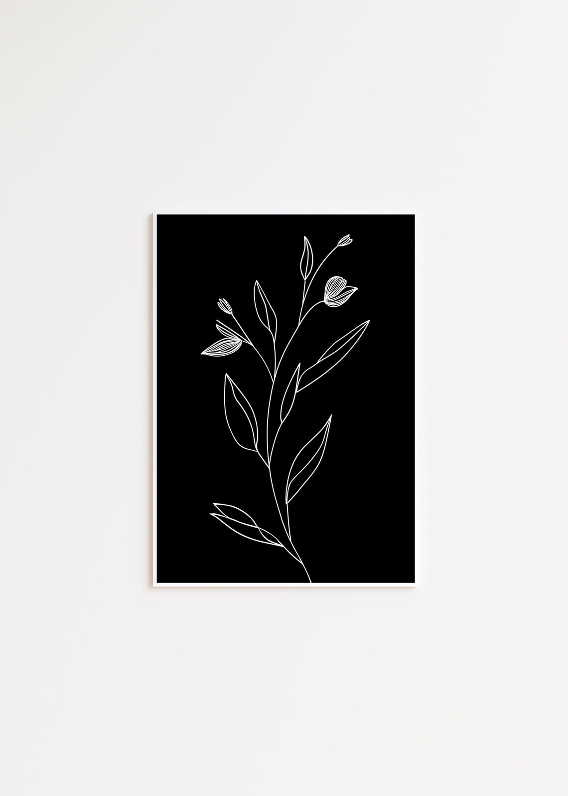 White Line Art Botanical Branch on Solid Black Modern Wall Art