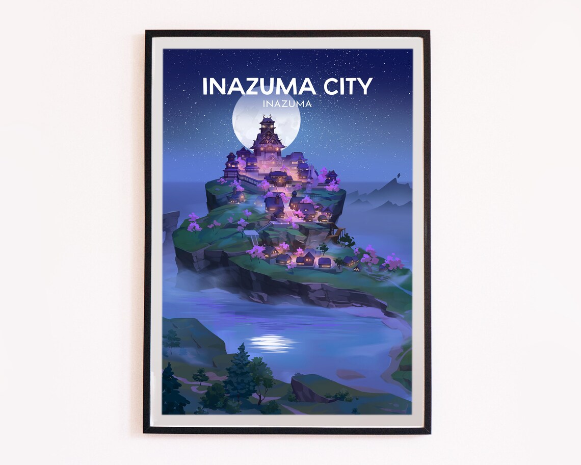 Inazuma City Moonlit Cherry Blossom Night Genshin Impact Travel Poster