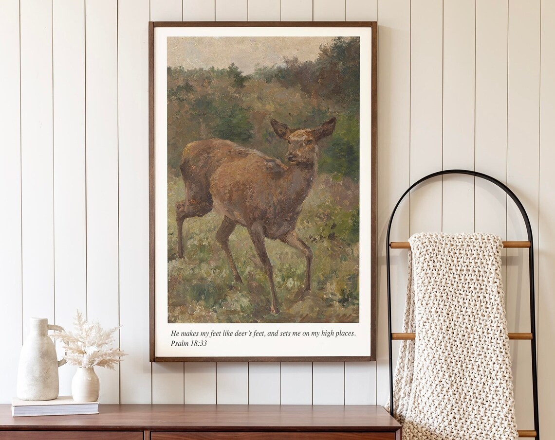 Psalm 18 Deer Art Vintage Wildlife Painting Scripture Verse Wall Art Poster