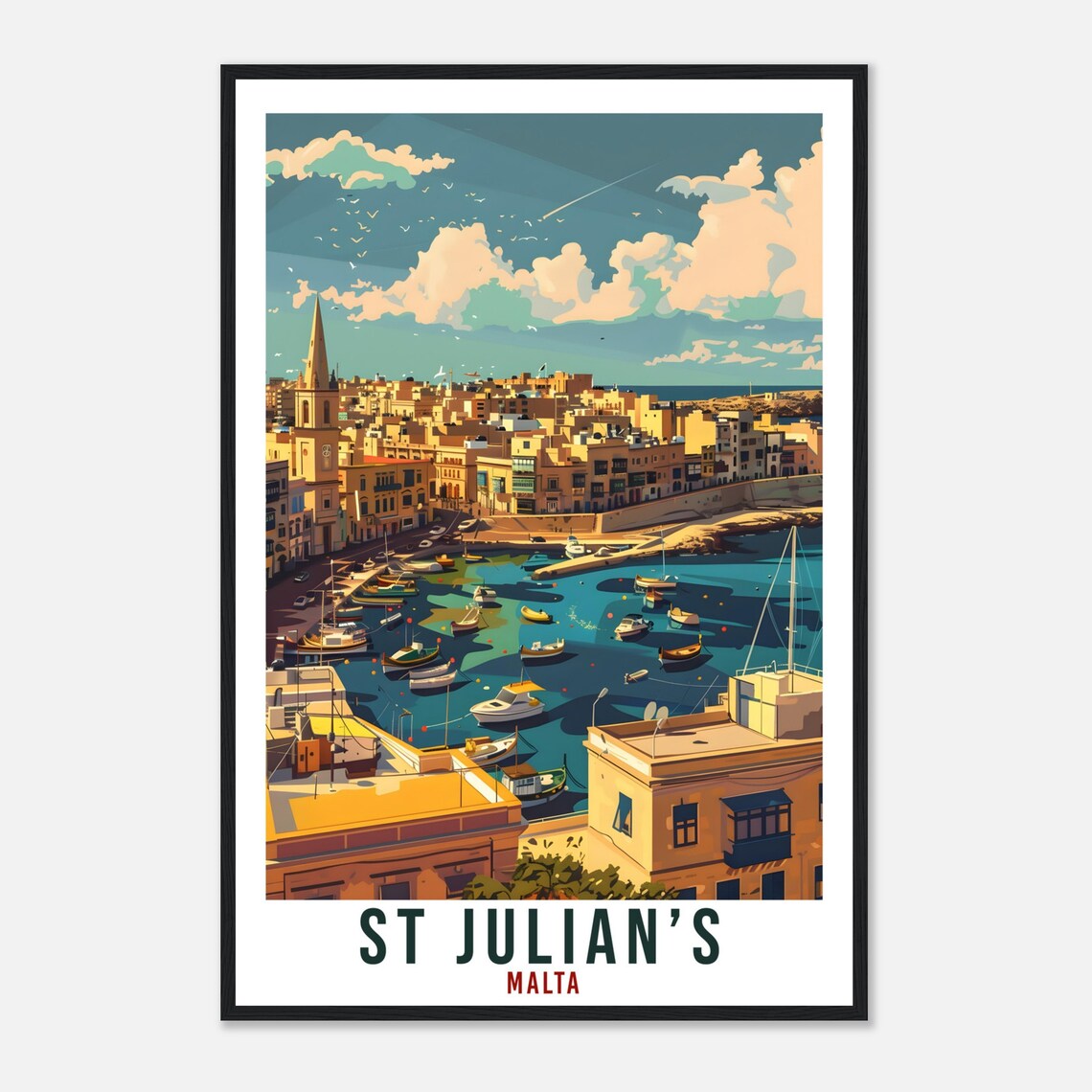 Saint Julians Malta Harbor Boats Church Spire Retro Travel Poster - Image 4