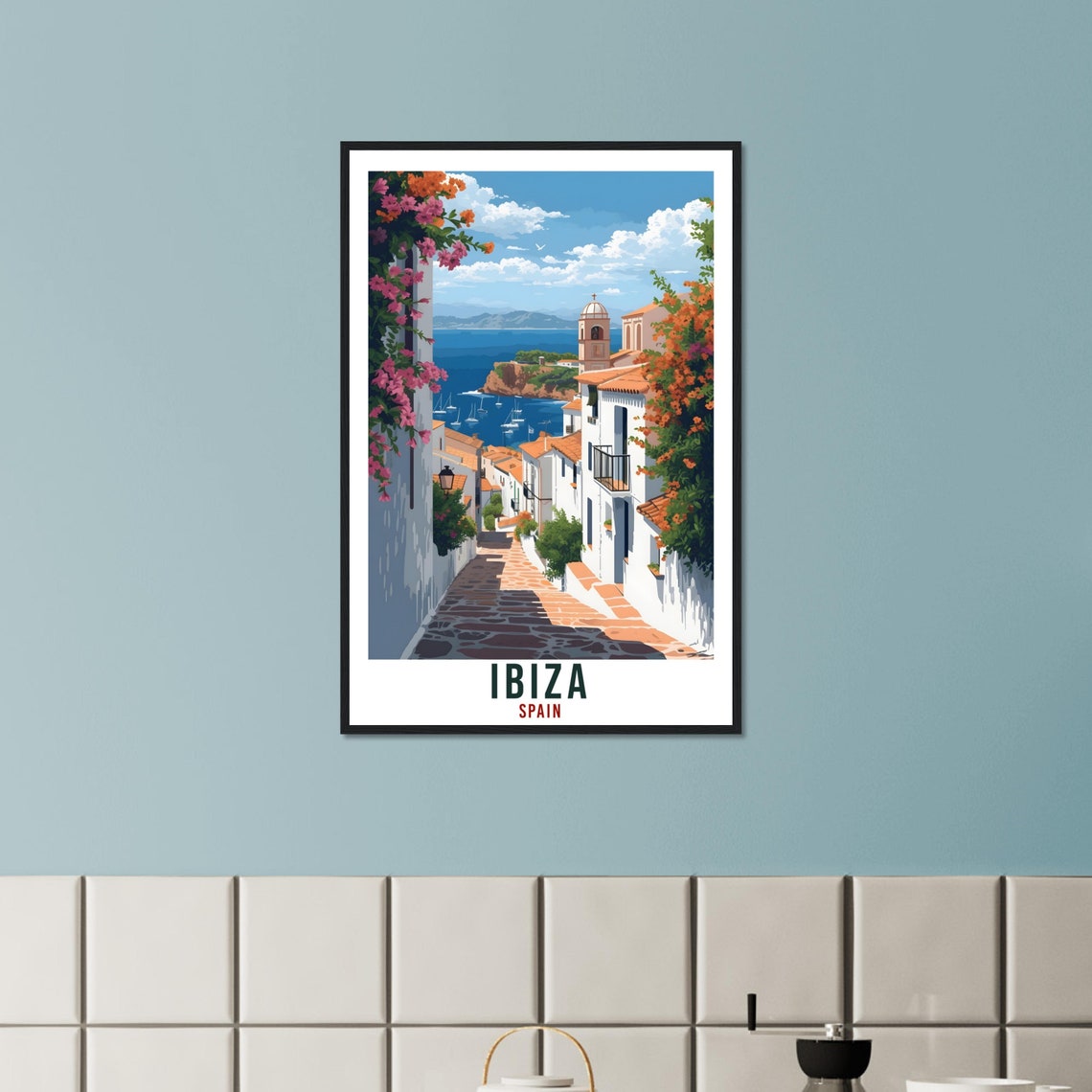 Ibiza Spain Flowered Retro Old Town Lane Seaview Travel Poster - Image 3