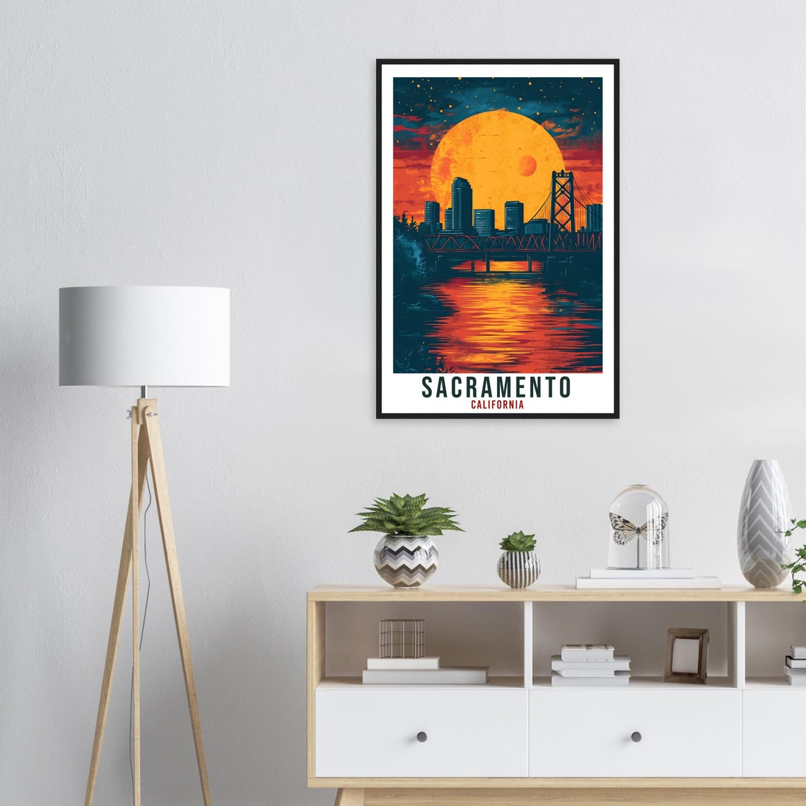 Sacramento California Night Skyline Bridge Moonlight City Art Poster - Image 3