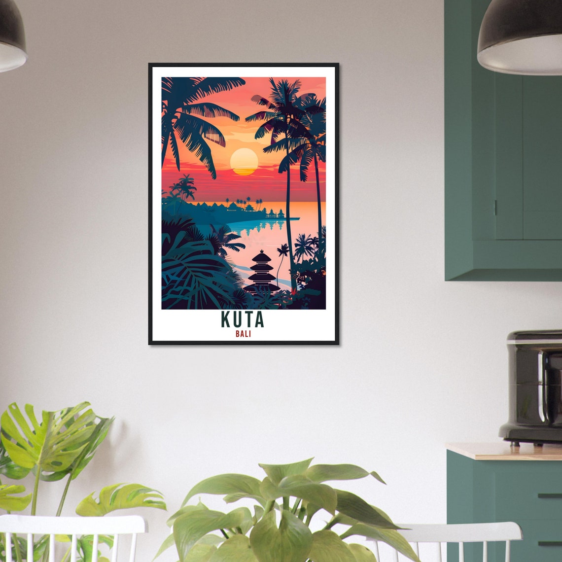 Kuta Bali Sunset Beach Palms Pagoda Illustrated Travel Poster - Image 3