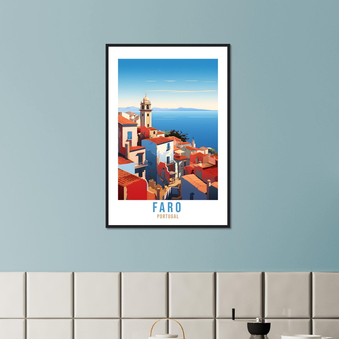 Faro Portugal Hilltop Old Town Bell Tower Blue Sea Travel Poster - Image 4