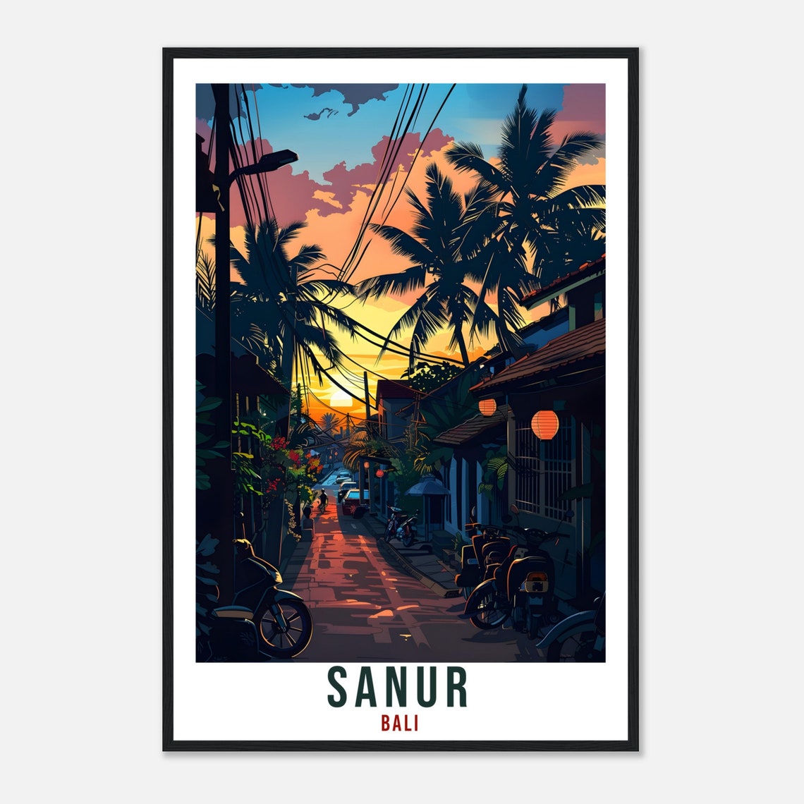 Sanur Bali Indonesia Sunset Palm Street Evening Scene Travel Poster - Image 4
