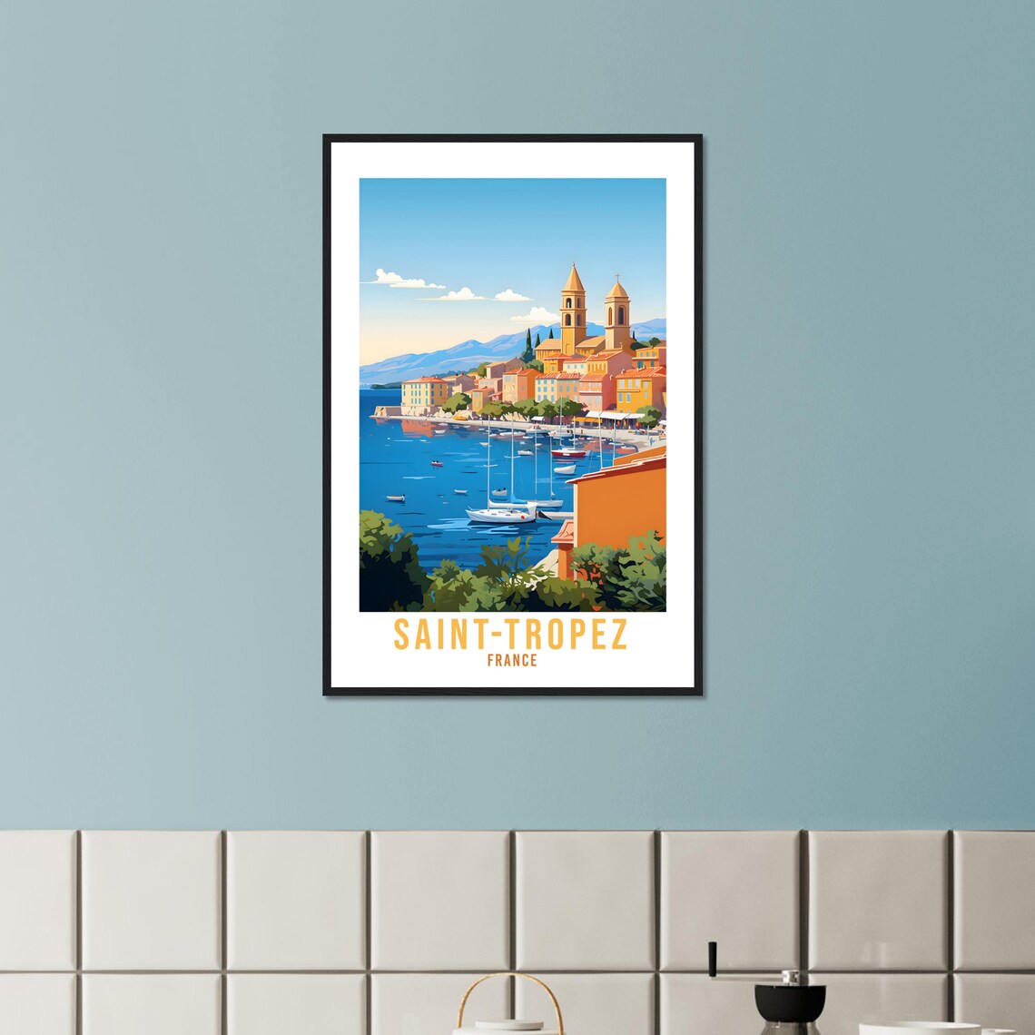 Saint Tropez Harbor Sailboats Church Towers France Vintage Poster - Image 3