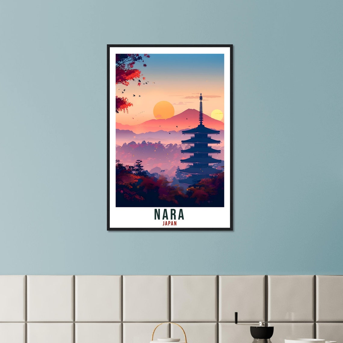 Nara Japan Five Story Pagoda Sunrise Maple Leaves Travel Poster - Image 3