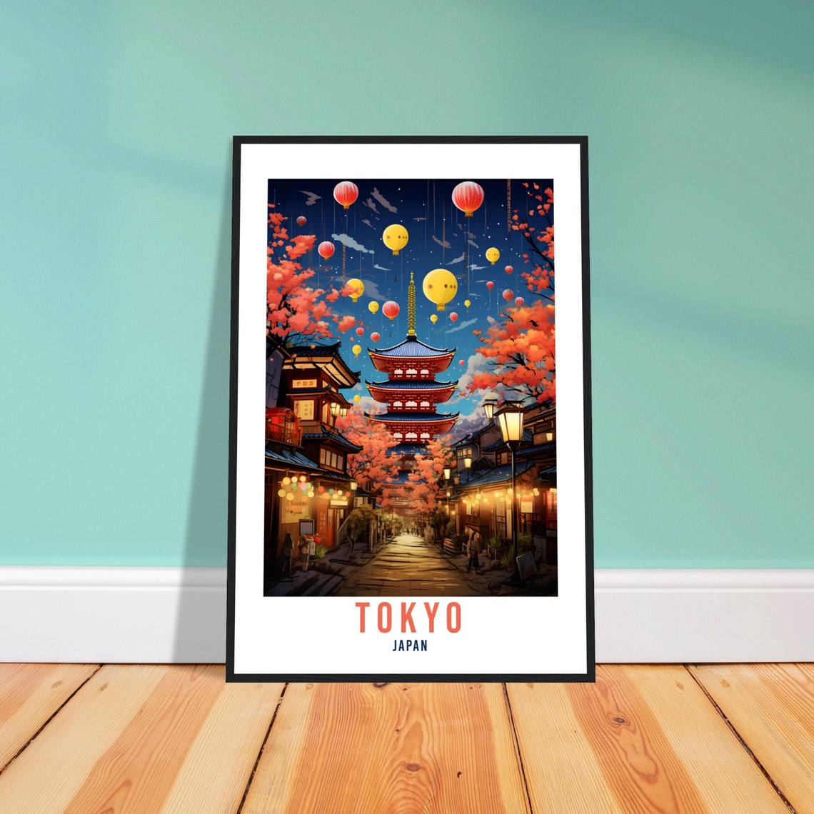Tokyo Japan Pagoda Night Lanterns Cherry Blossom Travel Poster - Image 3