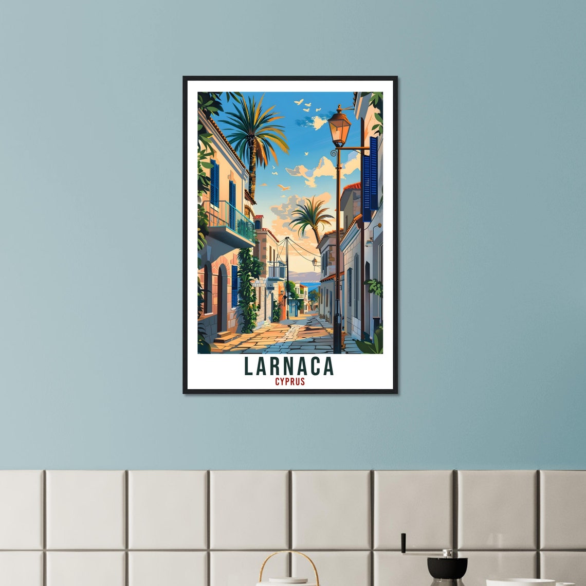 Larnaca Cyprus Shuttered Lane Streetlamp Palm Sky Travel Poster - Image 2