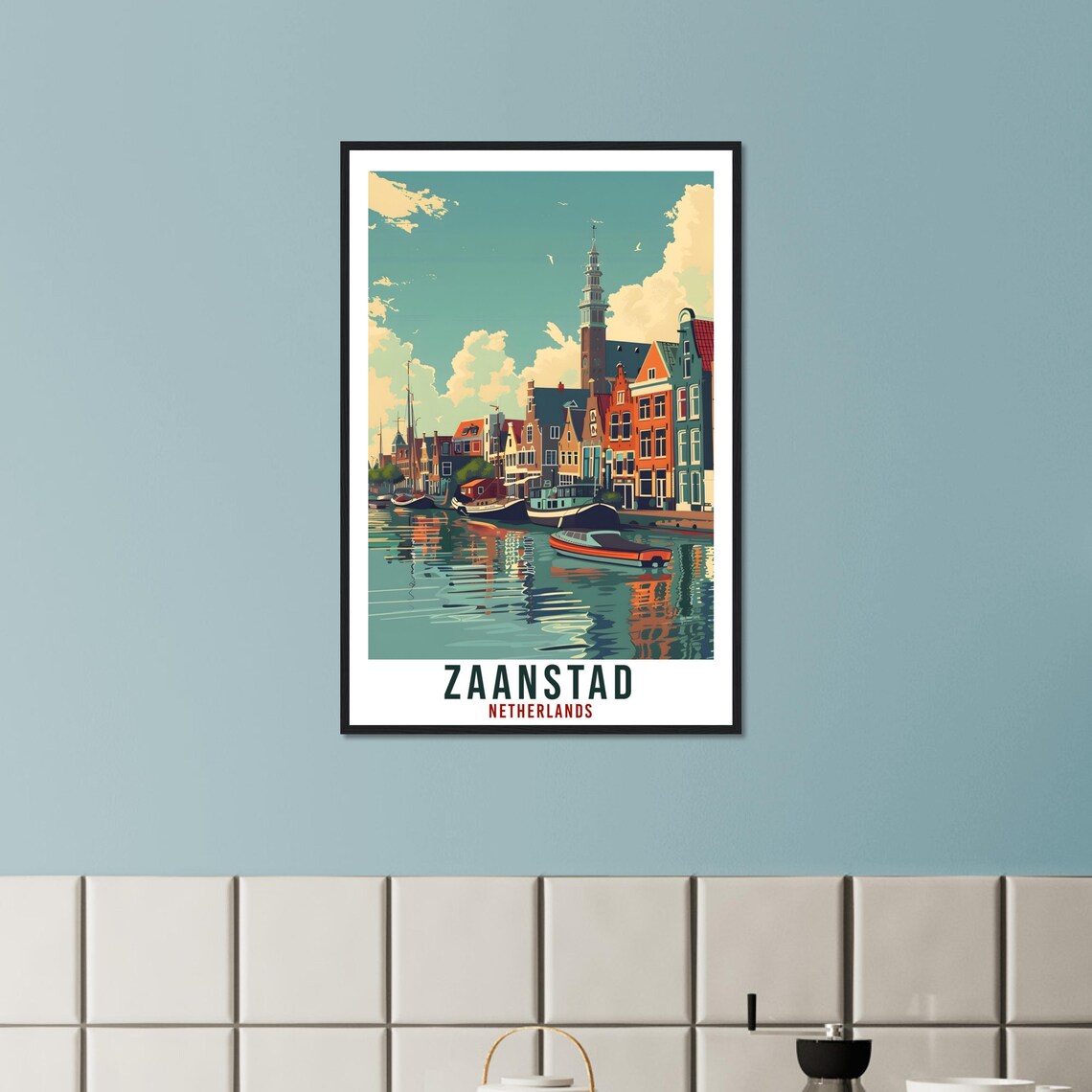 Zaanstad Netherlands Canal Boats Church Tower Vintage Travel Poster - Image 2