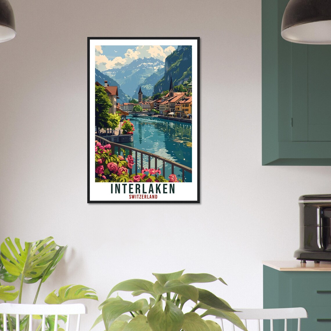 Interlaken Switzerland Lakeside Town Vintage Alpine Travel Poster - Image 3
