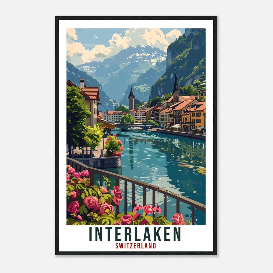 Interlaken Switzerland Lakeside Town Vintage Alpine Travel Poster - Image 4