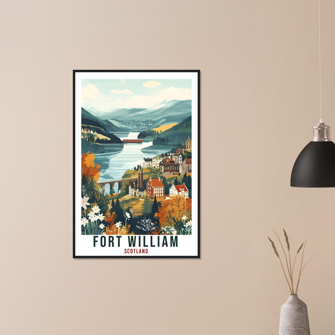 Fort William Scotland Vintage Loch Town Travel Golden Poster - Image 3