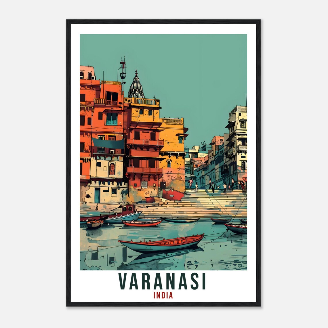 Varanasi India Riverside Ghats Boats Colorful Buildings Travel Poster - Image 4