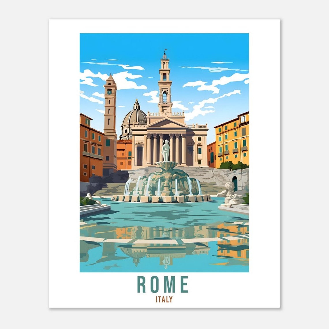 Rome Italy Historic Baroque Church Fountain Piazza Scene Poster - Image 2