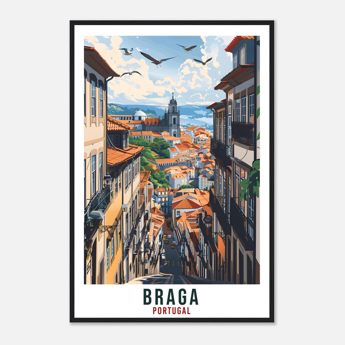Braga Portugal Steep Street Balconies Church Towers Travel Poster - Image 4