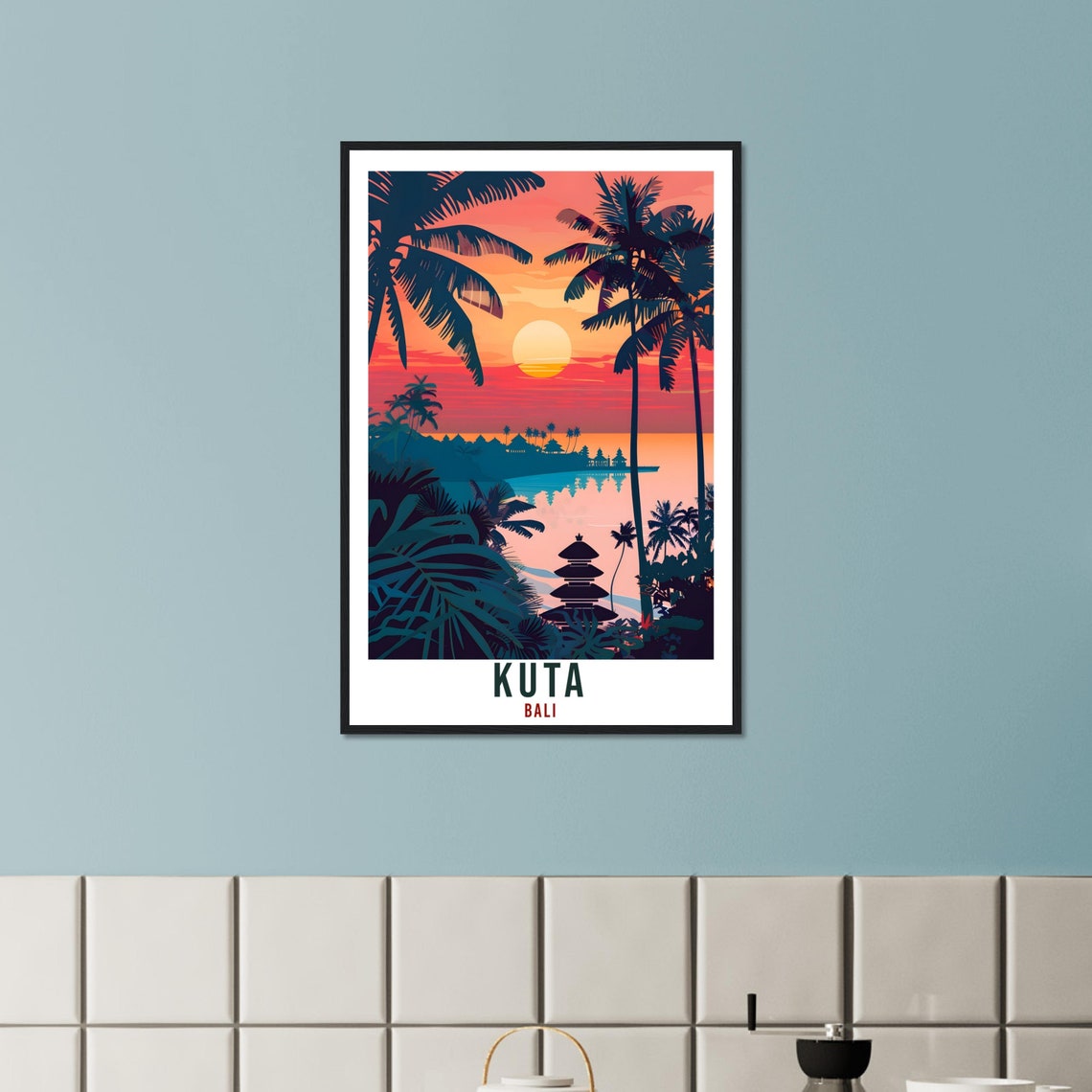 Kuta Bali Sunset Beach Palms Pagoda Illustrated Travel Poster - Image 2