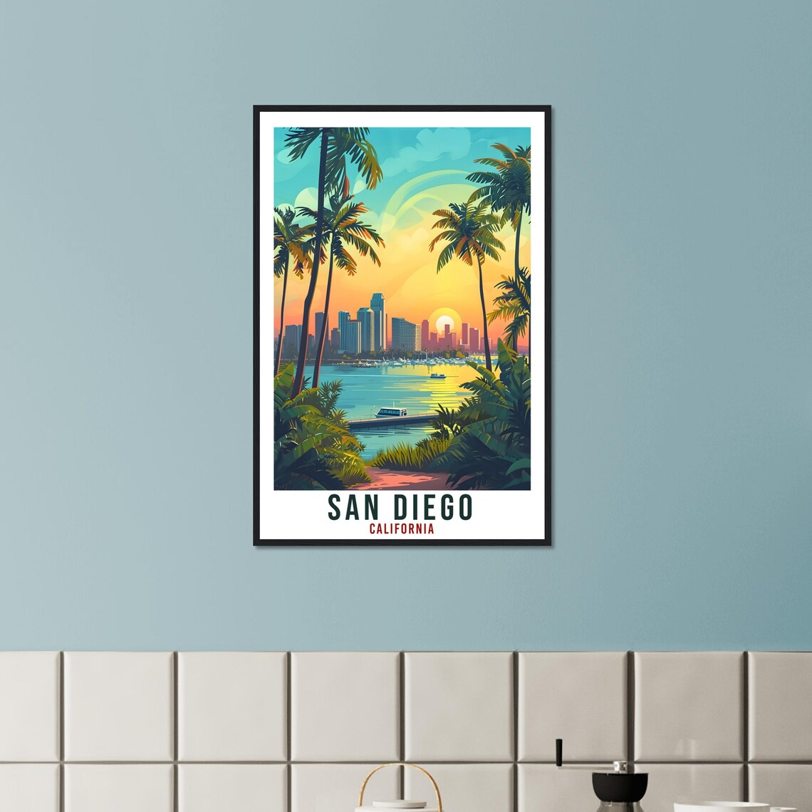 San Diego California Travel Poster Palm Sunset Skyline Beach View - Image 2
