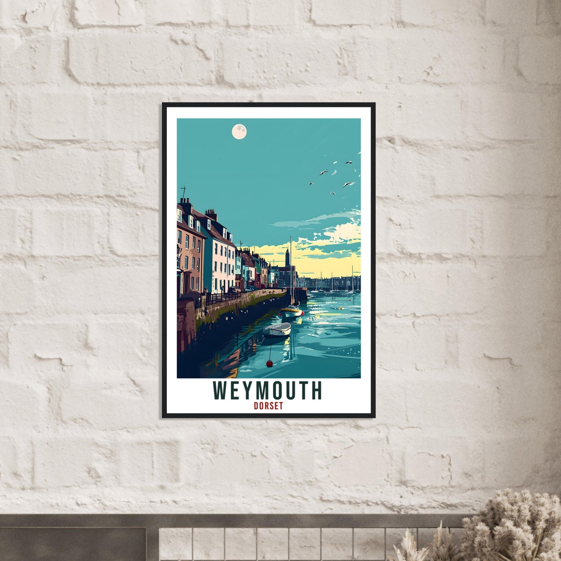 Weymouth Dorset Harbour Moonrise Boats Seaside Night Art Poster - Image 4