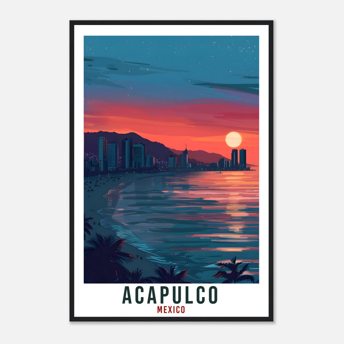 Acapulco Mexico Night Bay Skyline Retro Moonlit Travel Poster - Image 4