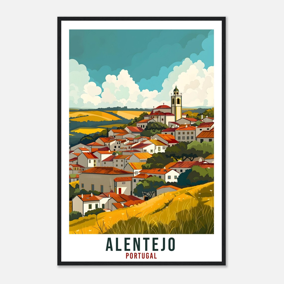 Alentejo Portugal Travel Poster Hillside Village Golden Fields View - Image 4