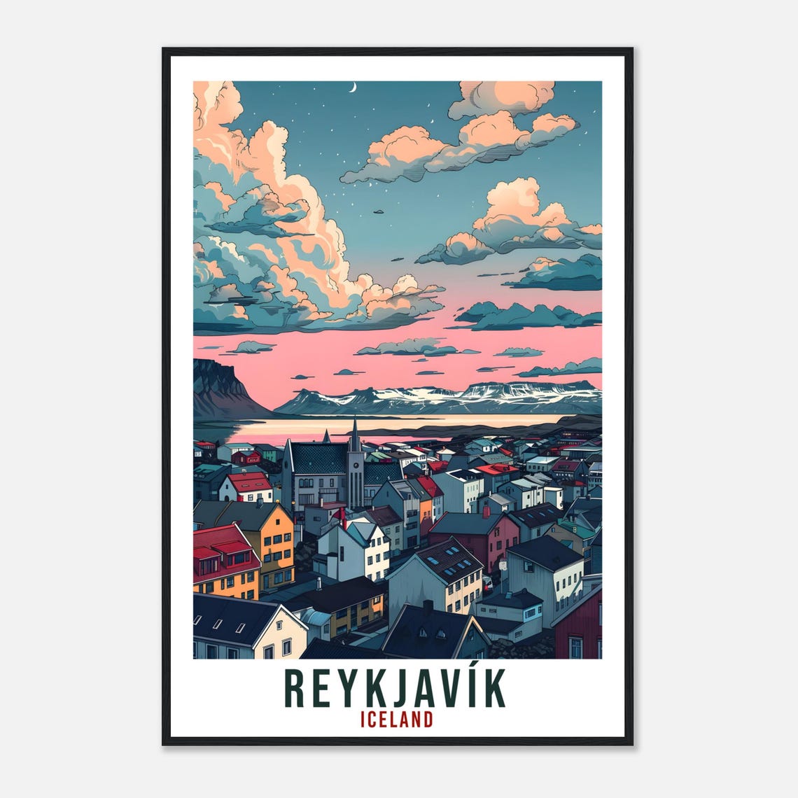 Reykjavik Iceland Twilight City Harbor Skyline Retro Travel Poster - Image 4
