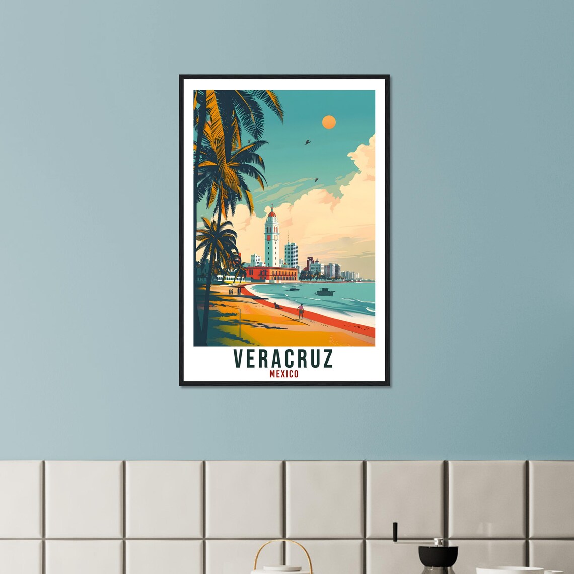Veracruz Mexico Beach Palms Historic Bell Tower Travel Poster - Image 2