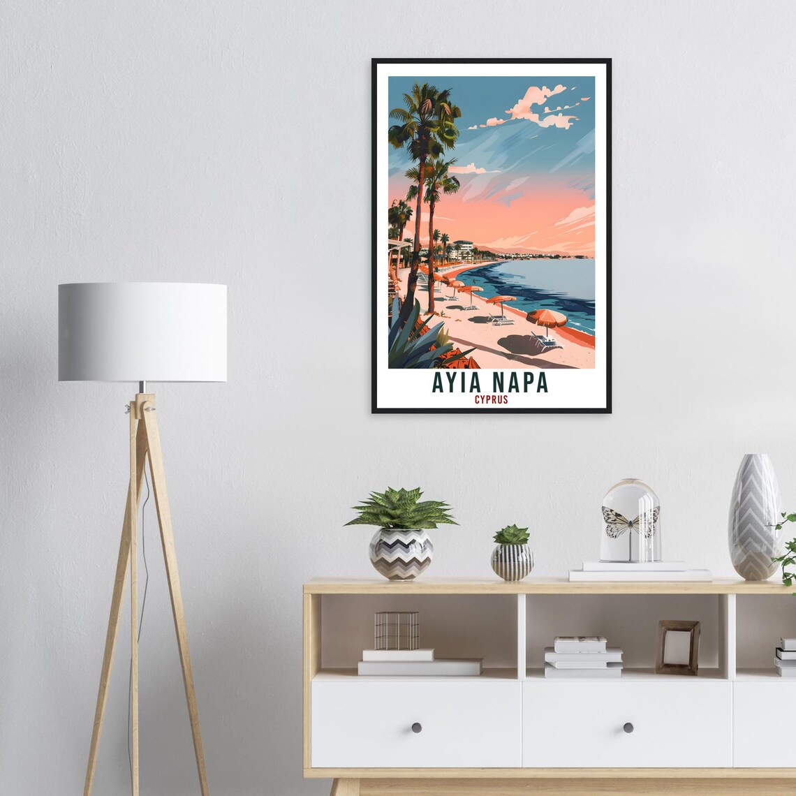 Ayia Napa Cyprus Palm Beach Sunset Umbrellas Pink Sky Travel Poster - Image 3