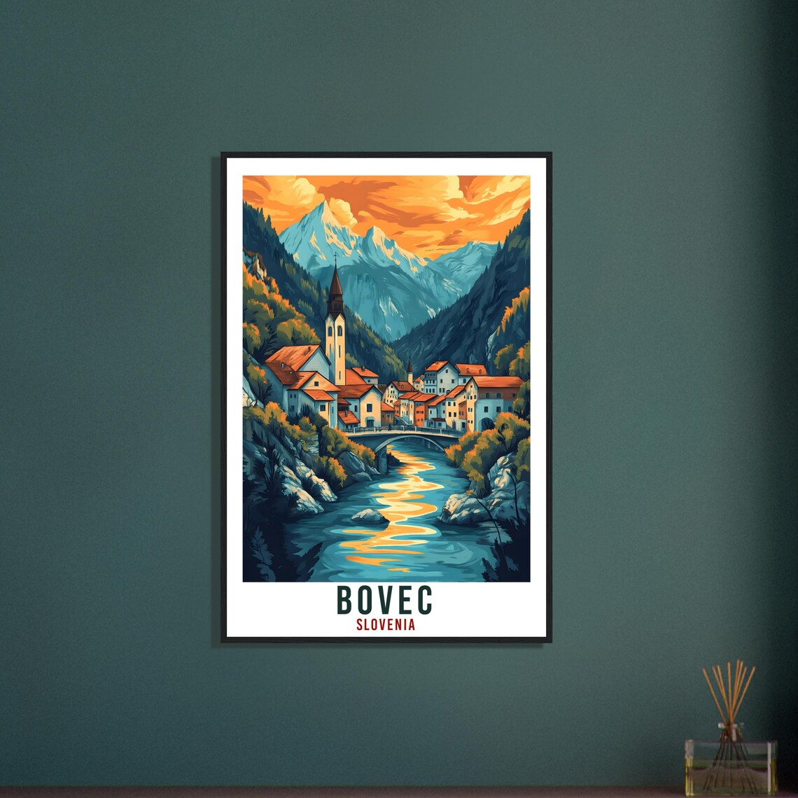 Bovec Slovenia Alpine Village River Bridge Sunset Travel Poster - Image 3