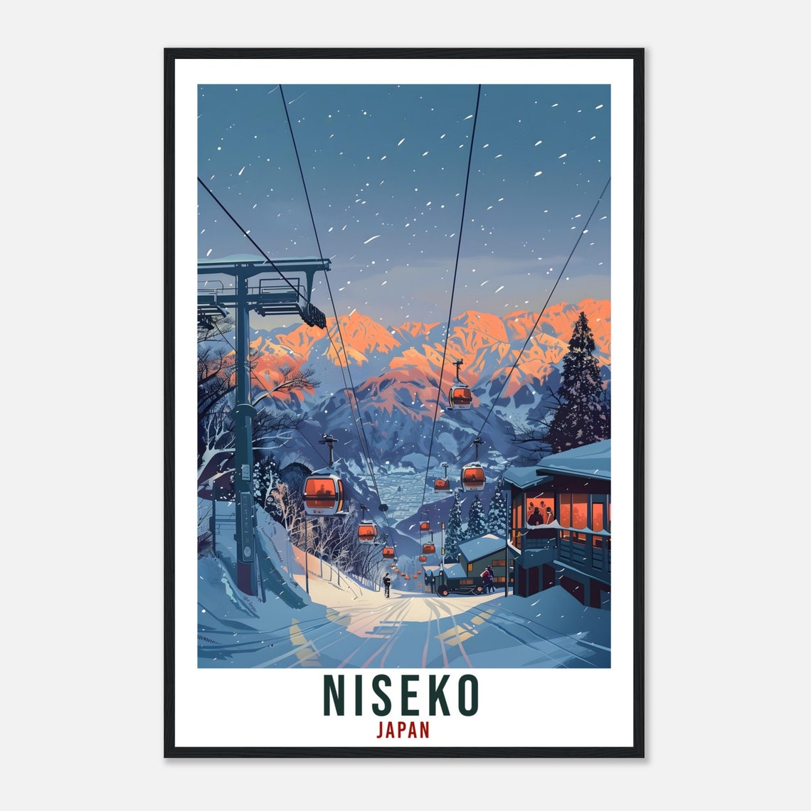 Niseko Japan Winter Ski Resort Gondolas Sunset Vintage Travel Poster - Image 4