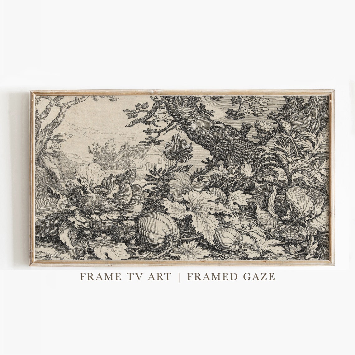 Vintage Pumpkin Patch Engraving Harvest Garden Scene Frame TV Art