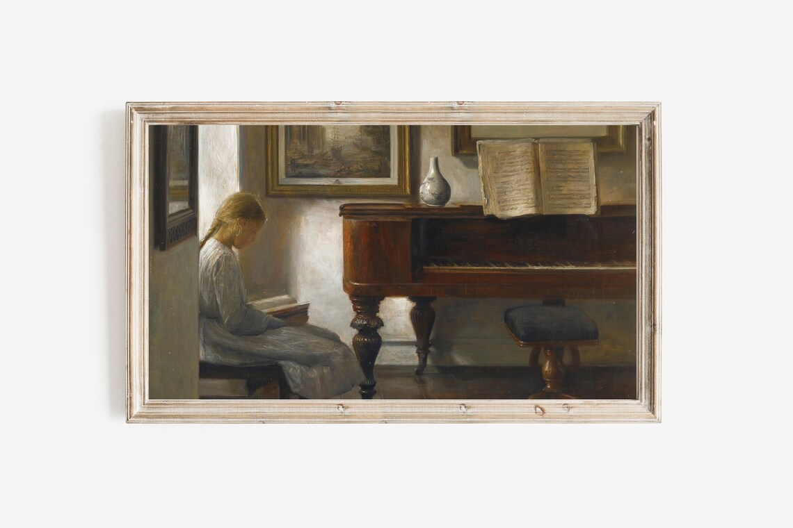 Vintage Girl Reading By Piano Quiet Interior Scene Oil Painting Poster - Image 4