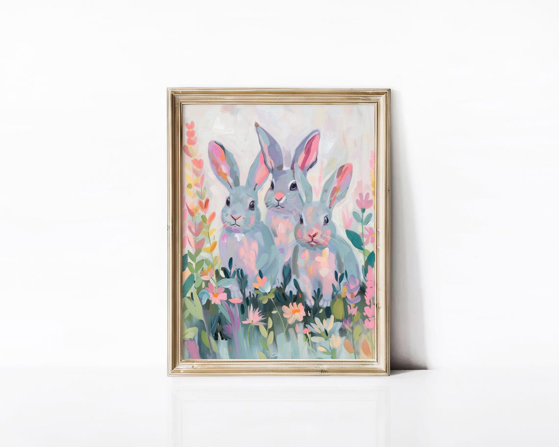 Three Grey Bunnies Pastel Flower Meadow Easter Spring Wall Art - Image 2