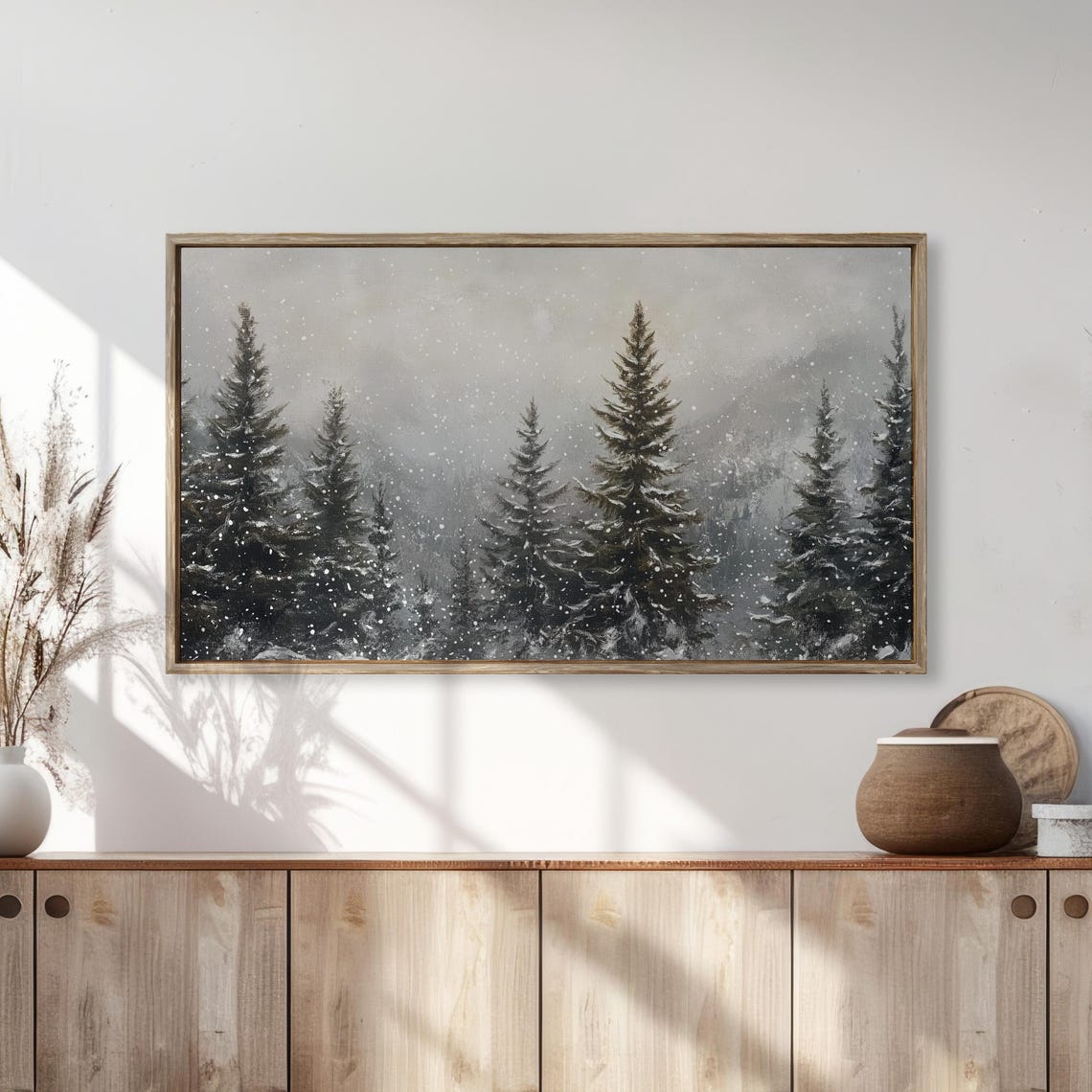 Snowy Pine Forest Falling Snow Winter Wonderland Landscape Wall Art - Image 4