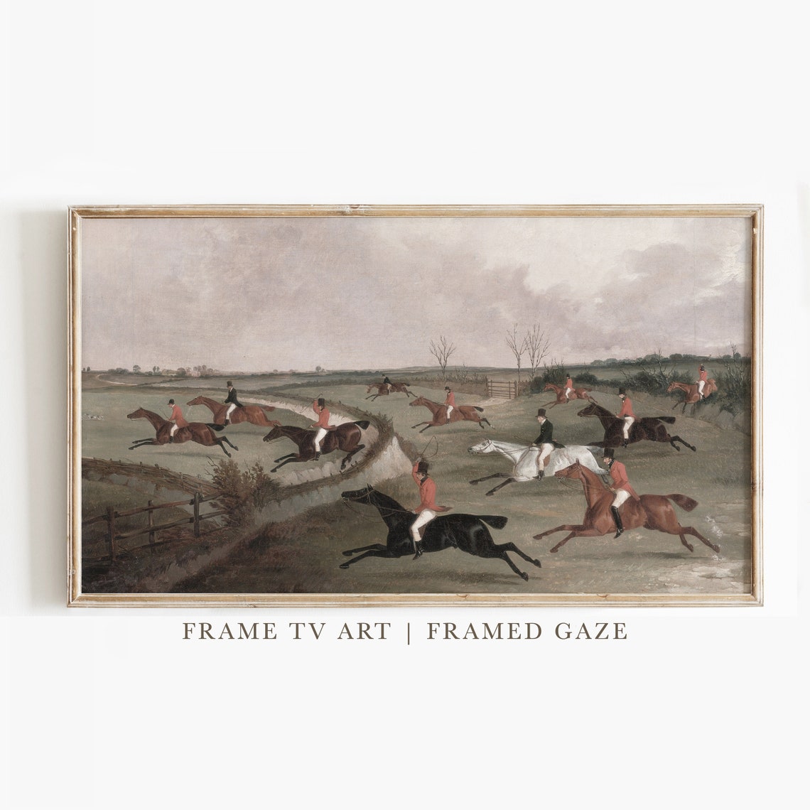 Vintage Fox Hunt Scene Horse Riders Jumping Equestrian Frame TV Print