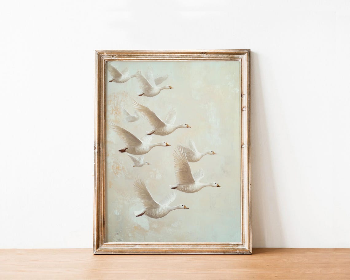 White Geese Flock Flying Neutral Sky Vintage Bird Wall Art Poster
