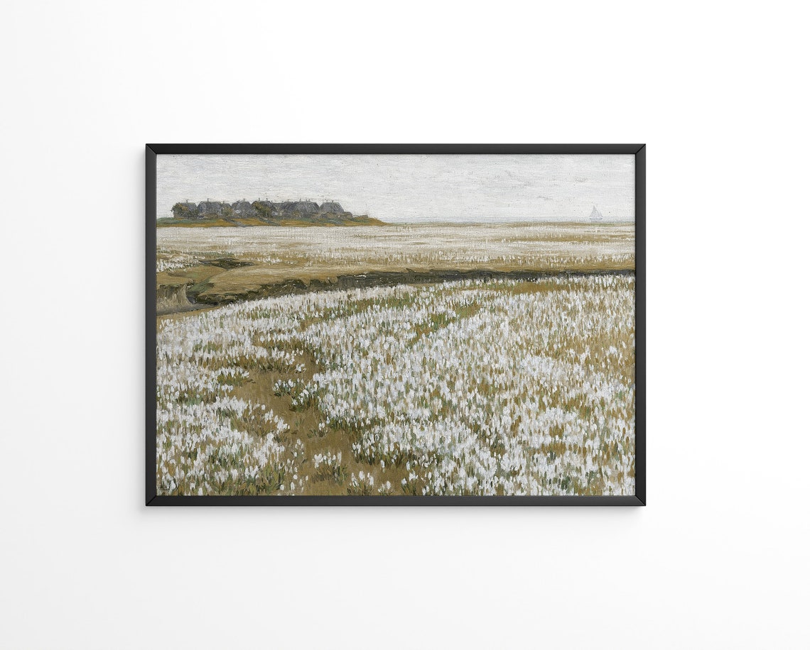 White Wildflower Field Farmhouses Distant Sailboat Meadow Poster - Image 2