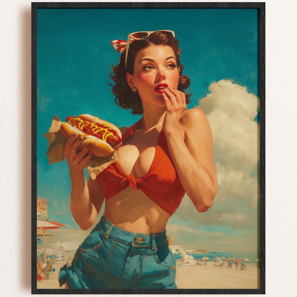 1950s Pinup Girl Beach Hot Dog Summer Bombshell Retro Diner Chic Poster