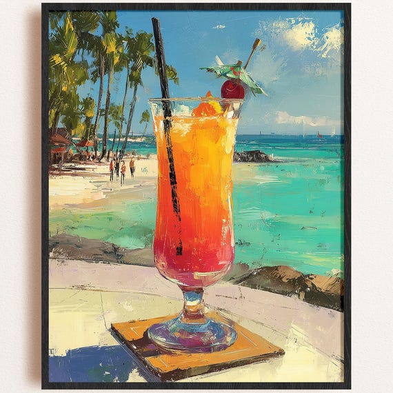 Tropical Sunset Cocktail Beach Bar Island Summer Painting Poster